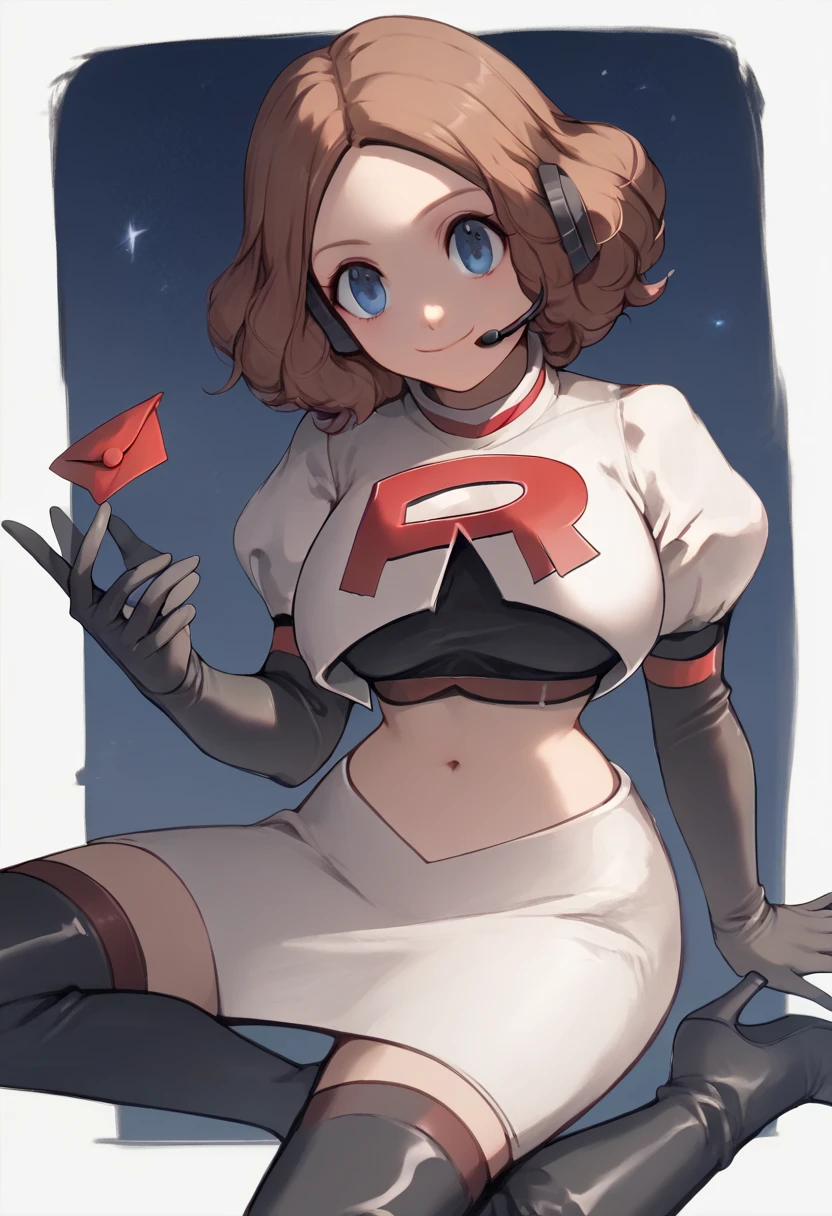 Team rocket, team rocket uniform, red letter R, white skirt,white crop top,black thigh-high boots, black elbow gloves, evil smile, night sky background, headset, large breasts, high-heeled boots, Haru Okumura, brown hair