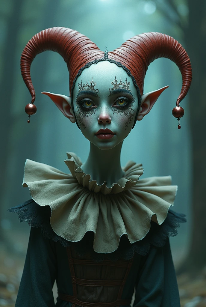 An elvish looking man in clown attire with a mischievous smile.