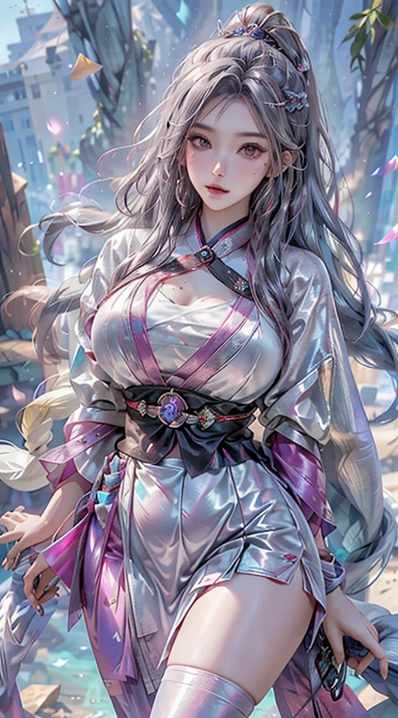 （tmasterpiece、best qualtiy、A high resolution），white backgrounid，Acrylic paints，（（splash of color，Splash ink、Color splattering）），Sweet Chinese girl，light blue long hair，[light blues|Pink big breasts]the hair，curlies，glitters，Pink lips，White color blouse，frontage，Above the legs