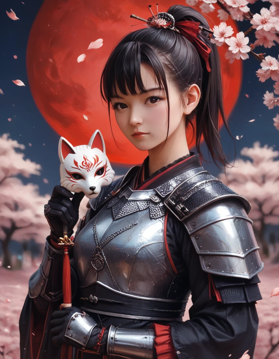 ( Fantasy Art ), ( portrait of a beautiful female knight, hkstyle, suzuka nakamoto xl,  ponytail hair), Night grassland background, Holding a fox mask in hand,  (Red Moon, black Japanese style armor , Red accent), Cherry Blossoms at Night,  Cherry Blossom Petals 