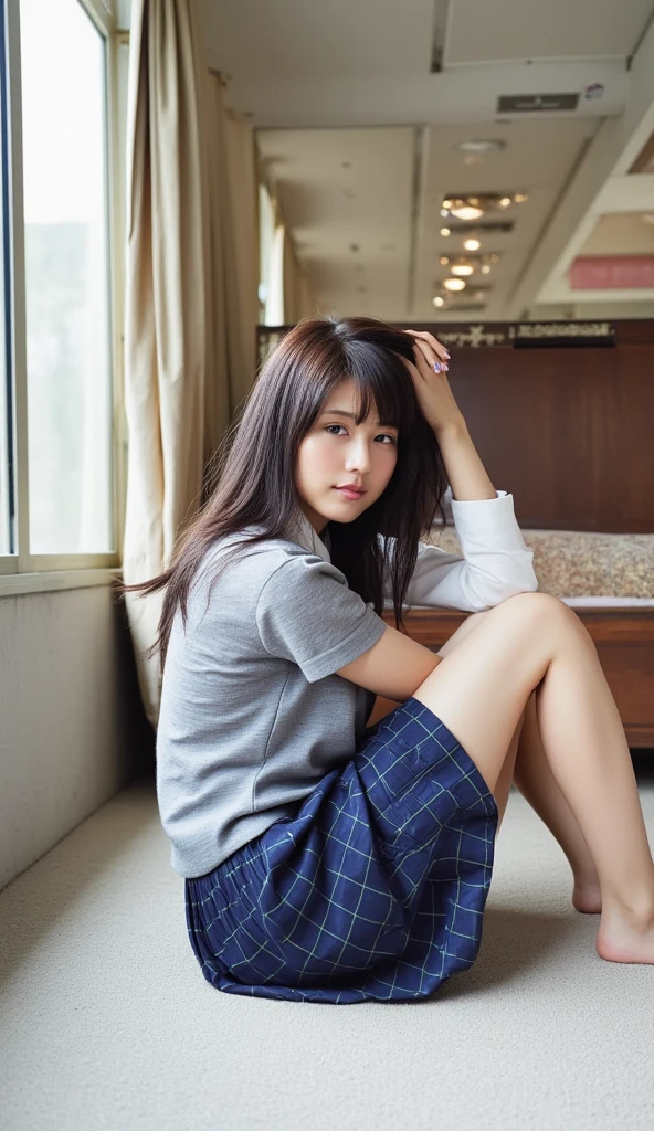 Alone、 natural body shape、 white skin、  natural makeup、 black hair、bangs、 long straight hair、、(The chest is loose 、barefoot、 white blouse、 blue plaid pleated skirt)、、( legs:1.3)、((The upper body is wearing a uniform))、((((( is staring at the camera)))))、(((whole body)))、((( thigh)))、bedroom、 on the bed、 sitting、(( focuses on her crotch ))
