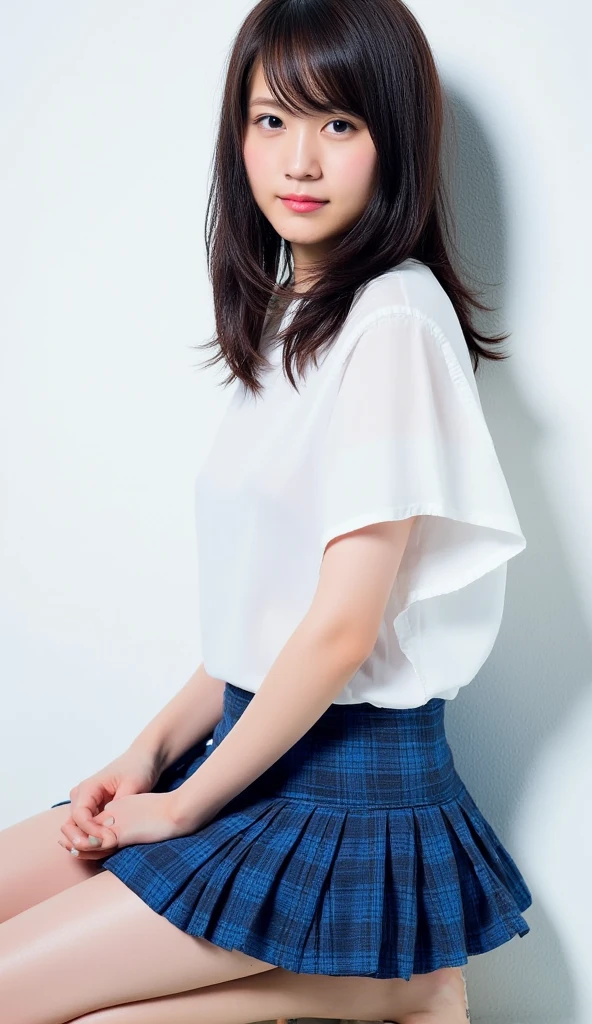 Alone、 natural body shape、 white skin、  natural makeup、 black hair、bangs、 long straight hair、、(The chest is loose 、barefoot、 white blouse、 blue plaid pleated skirt)、、( legs:1.3)、((The upper body is wearing a uniform))、((((( is staring at the camera)))))、(((whole body)))、((( thigh)))、bedroom、 on the bed、 sitting、(( focuses on her crotch ))
