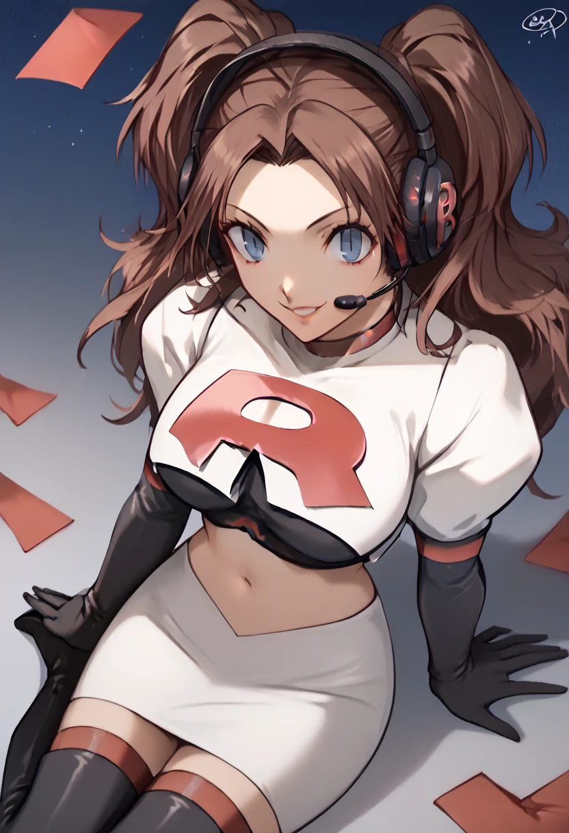 Team rocket, team rocket uniform, red letter R, white skirt,white crop top,black thigh-high boots, black elbow gloves, evil smile, night sky background, headset, large breasts, high-heeled boots, rise kujikawa, brown hair, twintails