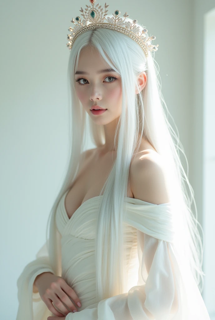 (best qualtiy,8K, Yes,tmasterpiece:1.3),(Hyper Real), (illustratio), (A high resolution), (8K), (The is very detailed), (Most Best Illustration), (beatiful detailed eyes), (best qualtiy), (ultra - detailed), (tmasterpiece), (Wallpapers), (详细的脸),ssmile,Pure and sweet,(Coiled hair),Highly detailed face and skin,White-haired fairy whirlwind,1 rapariga,The gray hair is beautifully bleached,China-style,Antique elements fairy costumes are high open sexy collarbones,Smooth shoulders,Saturated light,edge lit,The light from the back window is backlighted, cinematic ligh,fully body photo
