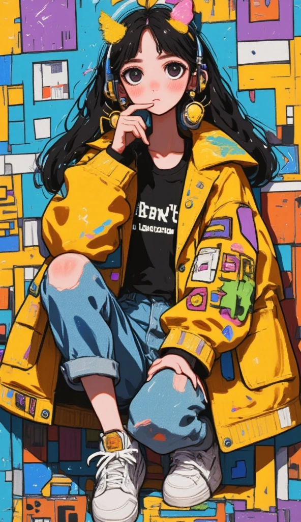  painting of a woman sitting on a wall smoking a cigarette ,  wearing headphones this one with her feet resting on the headphone Cross-footed edon,  sneakers ,  yellow coat jacket with geometric drawings ,  he falls on his shoulders ,  rolled-up jeans pants ,  the bottom of the wall is peeled with cyan colors ,  blue yellow and orange  , black sweatshirt with inscriptions , Look slightly down ,  with one hand on the cigarette ,  straight hair with a slit in the middle , Shiny hair,  cyberpunk art inspired by Yanjun Cheng ,  trend in artstation , street art,  artwork in the style of Guweiz , guweiz, Guweiz&#39;s masterpiece, Guweiz on ArtStation Pixiv, Cyberpunk streetwear, trending on cgstation, Guweiz on Pixiv Artstation, Style Ross Tran