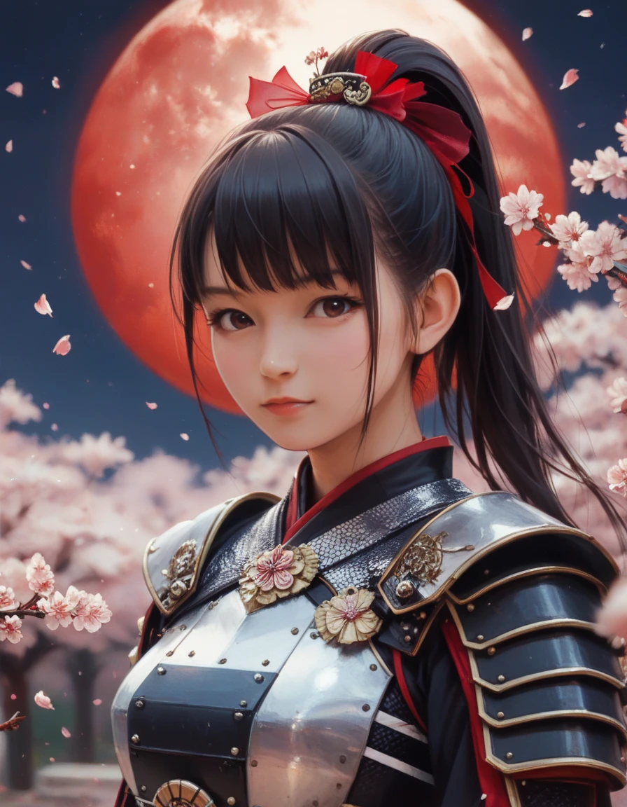 ( Fantasy Art ), ( portrait of a beautiful female knight, hkstyle, suzuka nakamoto xl,  ponytail hair), Night grassland background,  (Red Moon, black Japanese style armor , Red accent), Cherry Blossoms at Night,  Cherry Blossom Petals 