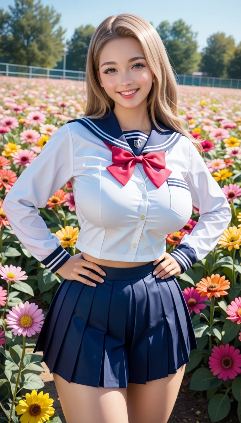 (school girl:1.2),(bigbreast:1.5),smile,,(High School Uniforms:1.5),sailor suit, , (light brown hair color:1.1), (big hip:1.5),(harbor:1.3),(Colorful flower fields)