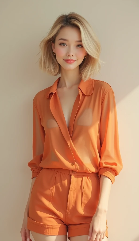 RAW photo of 50 years old Doutzen Kroes, mature woman, masterpiece, best quality, (photorealistic:1.4), full body, (orange t-shirt dress:1.2) and (orange panties:1.2), hall, wooden floor, cinematic light, beautiful woman, medium breasts, platinum blond hair, (bob haircut:1.2), wrinkles on the face,