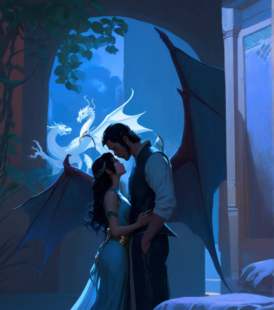  there is a man and a woman standing in a room in front of a large window,  man with dragon wings  ,  middle eastern clothing style . Conceptual art of love, In the style of Ross Tran, rob rey and kentarõ miura, inspired by Ross Tran, Disney concept art,   Ross Tran and Michael Whelan  , magical concept art ,  rob rey and Kentarō Miura style ,  awesome atmosphere concept art 