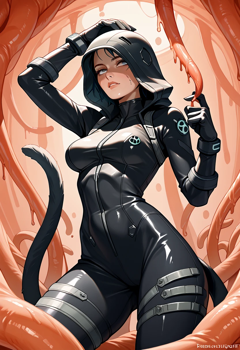 Tentacle sexy female catsuit, No person, No one inside female sexy catsuit, catsuit is a creature, no creature inside catsuit, No helmet, no head, Liquid inside catsuit