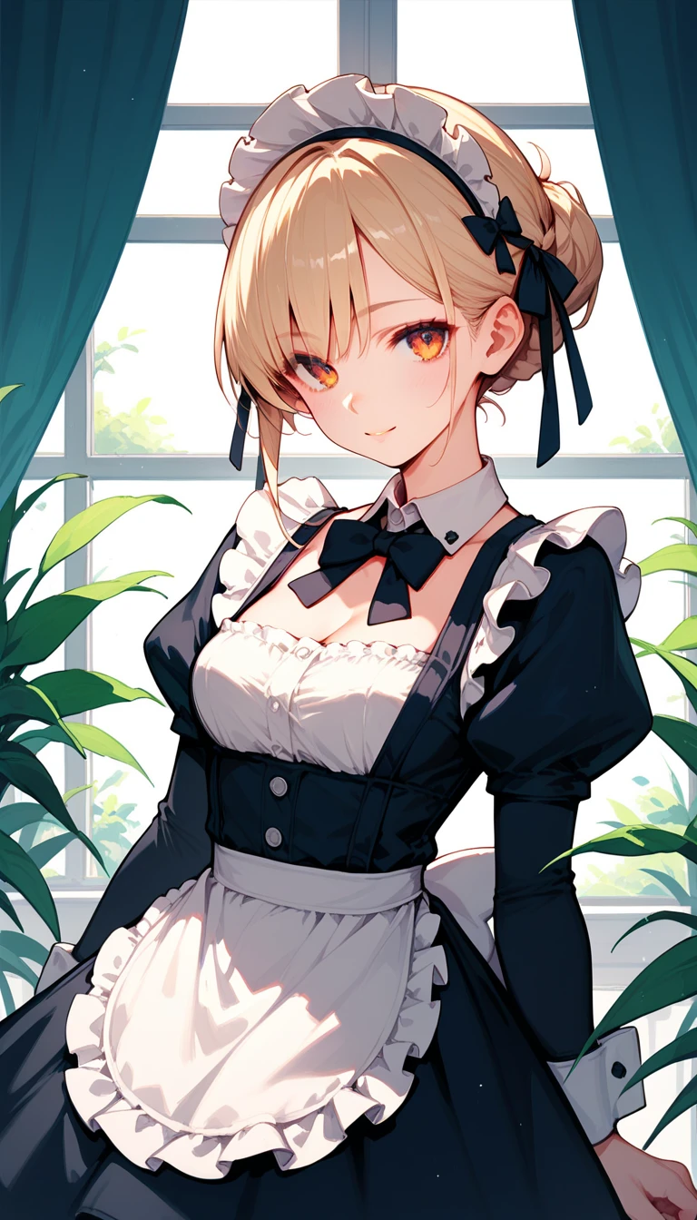 best quality, masterpiece, highres, solo, {maid:1.40}, {long maid dress:1.15}, {marina_bluearchive:1.15}, short_hair, blonde_hair, yellow_eyes, bangs, halo, blush, breasts, large_breasts