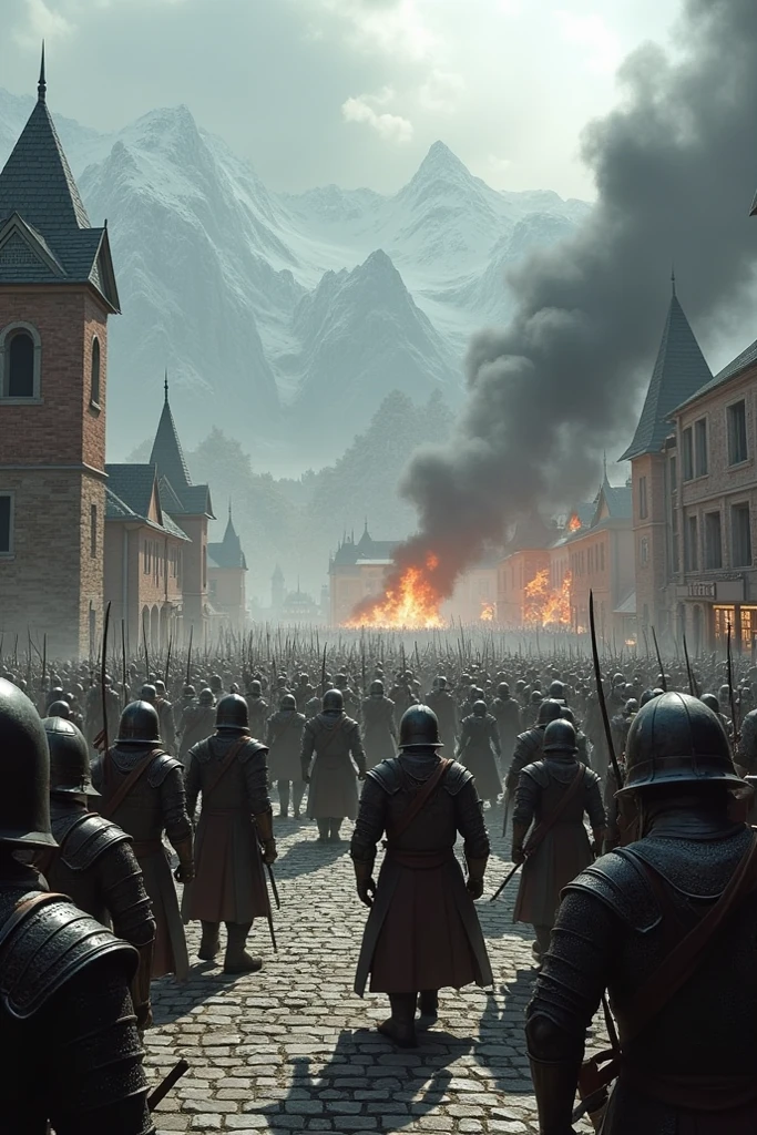 arafed image of a group of soldiers standing in front of a building, chris nolan movie, kremlin towers are destroyed, with a castle in the background, vfx render, inspired by Hermann Feierabend, pyrotechnics, screengrab, stalingrad, art direction, golem, inspired by Kazimierz Wojniakowski --auto --s2