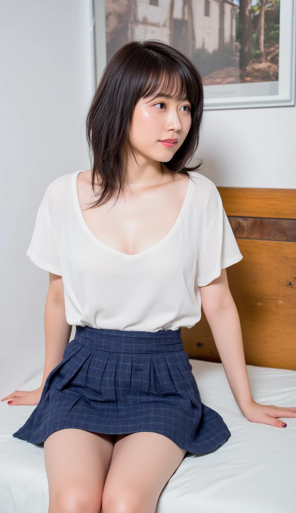 Alone、 natural body shape、 white skin、  natural makeup、 black hair、bangs、 long straight hair、、(The chest is loose 、barefoot、 white blouse、 blue plaid pleated skirt)、、( legs:1.3)、((The upper body is wearing a uniform))、((((( is staring at the camera)))))、(((whole body)))、((( thigh)))、bedroom、 on the bed、 sitting、(( focuses on her crotch ))
