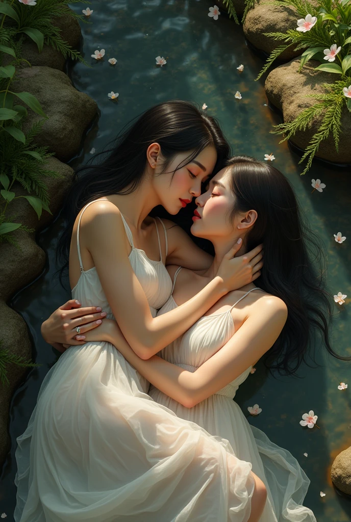 hyper realistic detail photo of young women laying and romance kissing on the flowers bed, mouth open, biting lips, close eyes, sitting on top of each other, tide hugging, They hugged their waists, they sat on top of each other, Thin white clothes, jungle, full color of flowers, soft light, ((deep focus)), ((bokeh)), soft focus, The sun is shining through the leaves, fog, nude, The flowers are falling