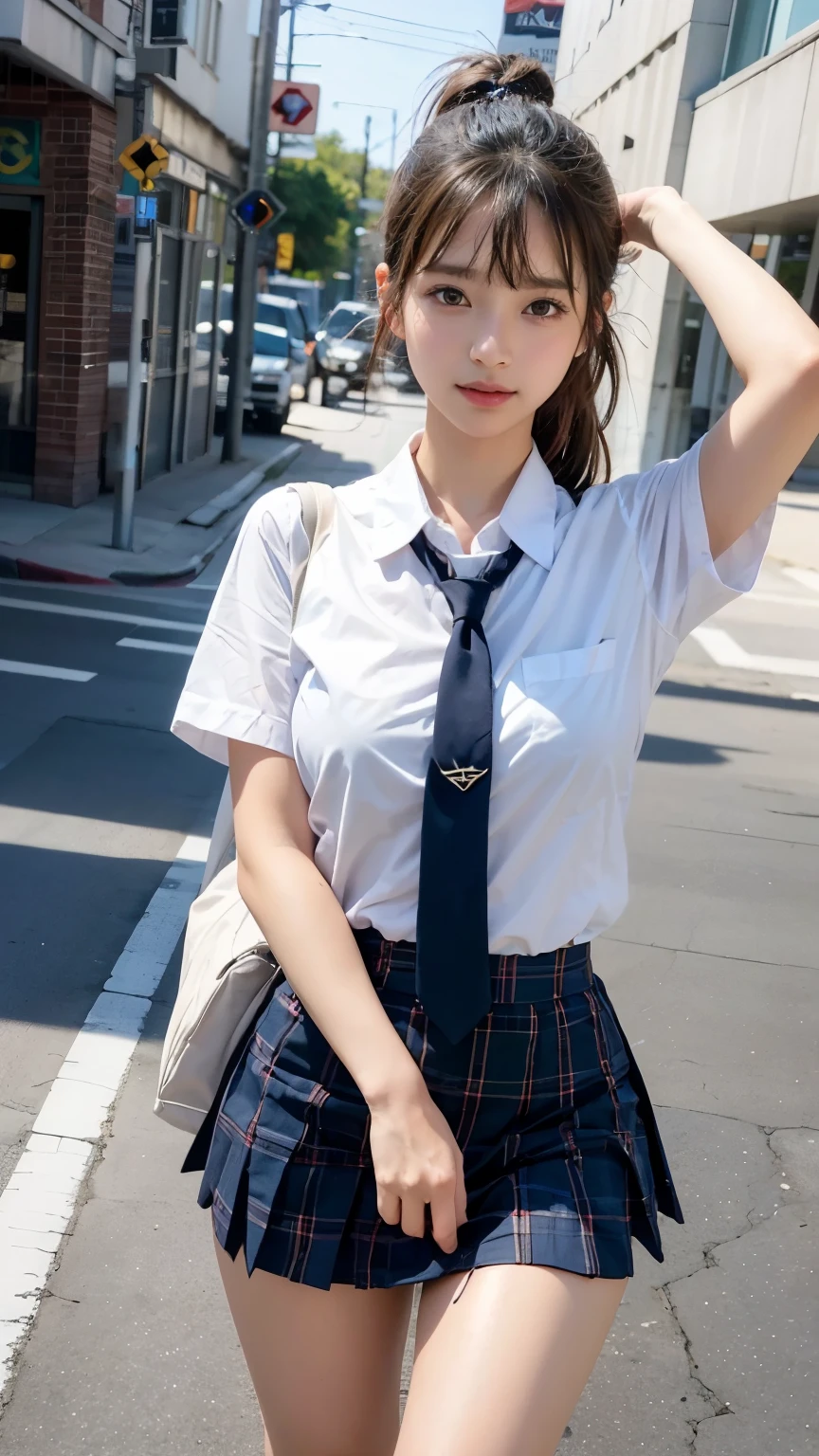very beautiful warrior (photo realistic:1.6), ultra detailed, young woman, uplight, school wear, mask