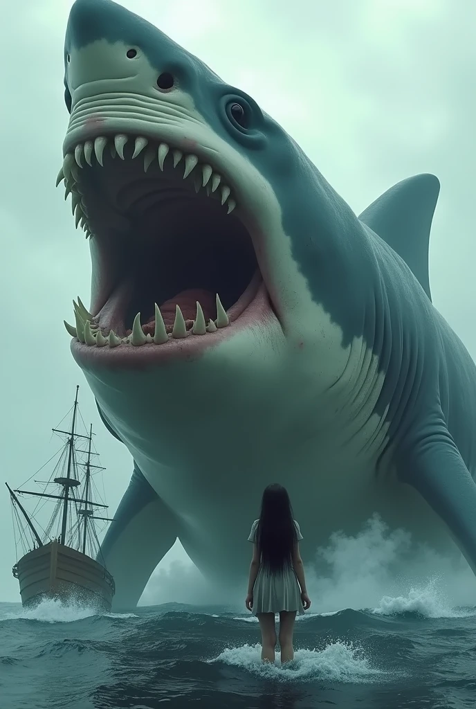 A gigantic shark with its mouth open, a shark full of fangs, a beautiful woman in a bikini swimming away from the shark, a desperate look, about to be bitten, a close call, a highly transparent sea, impact an image, a scene from a movie,(8K, 16 K, Super Detail), high details, Best Quality:1.2, hight resolution, High quality, masutepiece:1.4