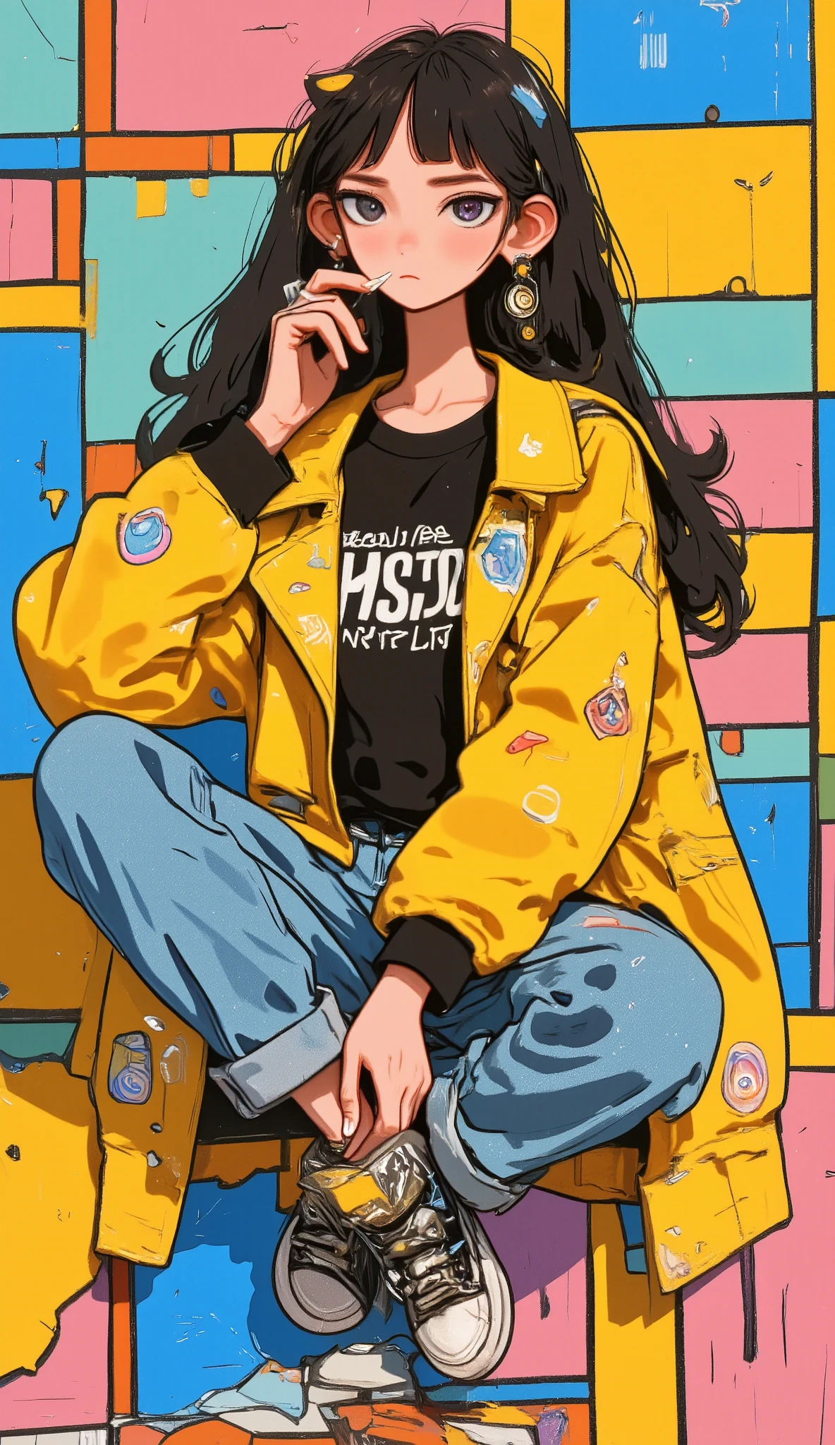  painting of a woman sitting on a wall smoking a cigarette ,  wearing headphones this one with her feet resting on the headphone Cross-footed edon,  sneakers ,  yellow coat jacket with geometric drawings ,  he falls on his shoulders ,  rolled-up jeans pants ,  the bottom of the wall is peeled with cyan colors ,  blue yellow and orange  , black sweatshirt with inscriptions , Look slightly down ,  with one hand on the cigarette ,  straight hair with a slit in the middle , Shiny hair,  cyberpunk art inspired by Yanjun Cheng ,  trend in artstation , street art,  artwork in the style of Guweiz , guweiz, Guweiz&#39;s masterpiece, Guweiz on ArtStation Pixiv, Cyberpunk streetwear, trending on cgstation, Guweiz on Pixiv Artstation, Style Ross Tran