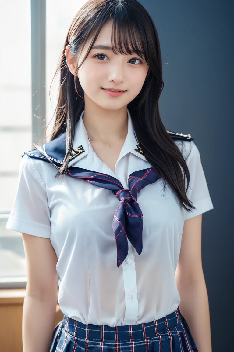 ((school uniform)),ribbon at neck,(school uniform and ((navy skirt)) and white shirt:1.1), Skin color, big , smile, (8k, RAW Photos, Highest quality, masterpiece:1.2), masterpiece, super detailed, super high quality, (Realistic and Realistic photography:1. 37), High-resolution RAW color photos, Very delicate and beautiful, highly detailed, 8k壁紙, wonderful, detailed, Very eye, very detailed, very detailed skin, very thin fingers, very detailed nose, very detailed mouth, Perfect Anatomy, Upper Body, studio, Soft lighting, A full-body shot of a cute idol wearing a one-piece swimsuit, Playful pose, Hands on hips, smile, Pastel Background, Realistic, Attention to detail, studio photography