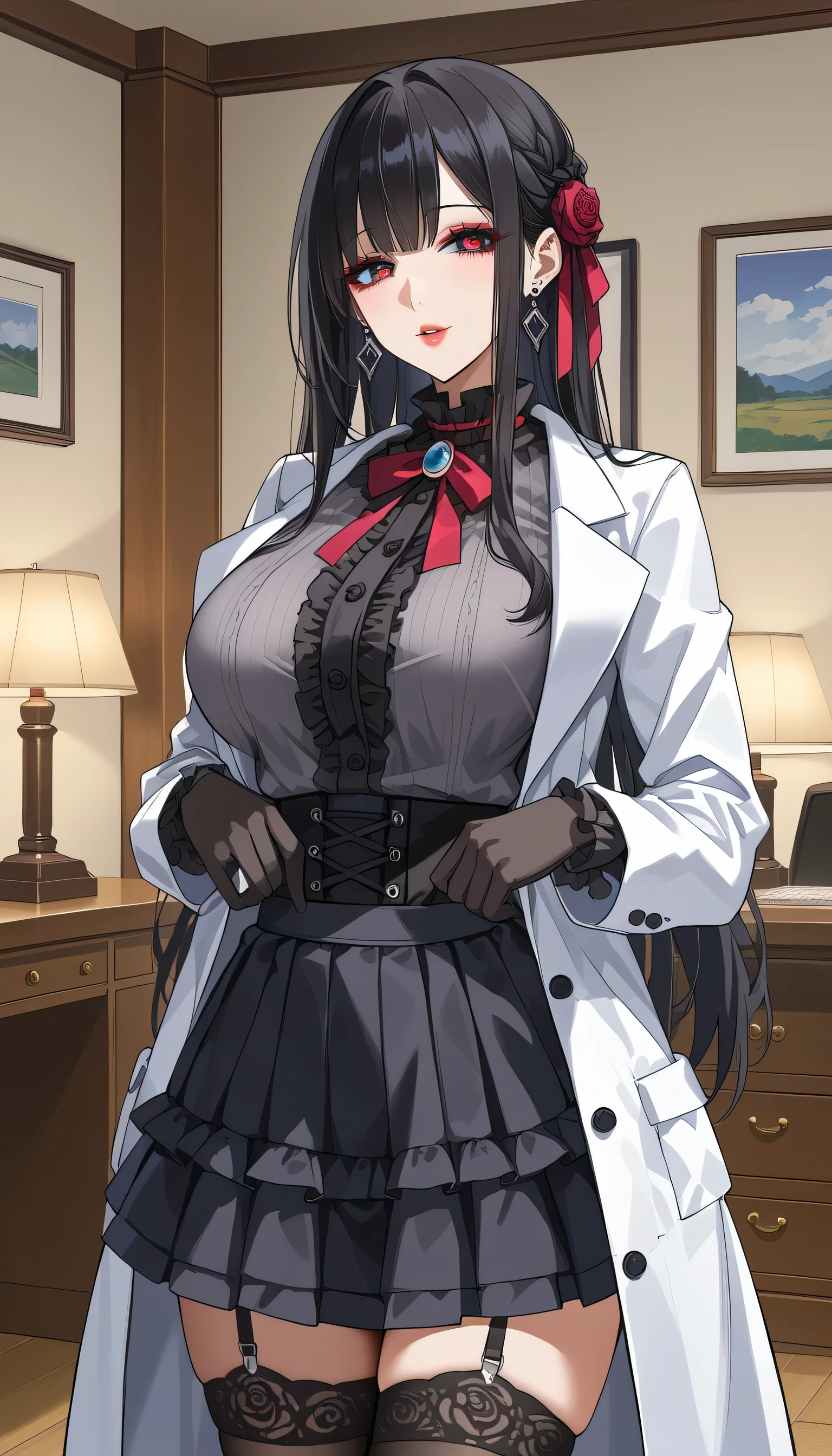 score_9, score_8_up, score_7_up, source_Anime,masterpiece、 office、office、 No Emotion、 no makeup、 best quality, beautifully detailed eyes , Beautiful Detailed Lips、bare hands、 highly detailed eyes and face,Unmotivated look、Apathetic face、 long breasts, 1 female, Put on a white coat、Grey dress shirt、 Gothic ta Shirt Under a White Coat、 Grey Gothic Lolihirt 、Black Gothic Lolita S 、 Grey Gothic Lolita Shirtlack Gothic Lolita Skirt 、 MSkirt、 short skirt , Big saggy breasts, shockingly Big Breasts , Big Breasts , room,Big Breasts、 boobs 、 zitales, makeup、 no makeup、 black hair、 Long Hair、Smooth straight hair、 black stockings 、 garter belt 、黒の garter belt 、bare hands