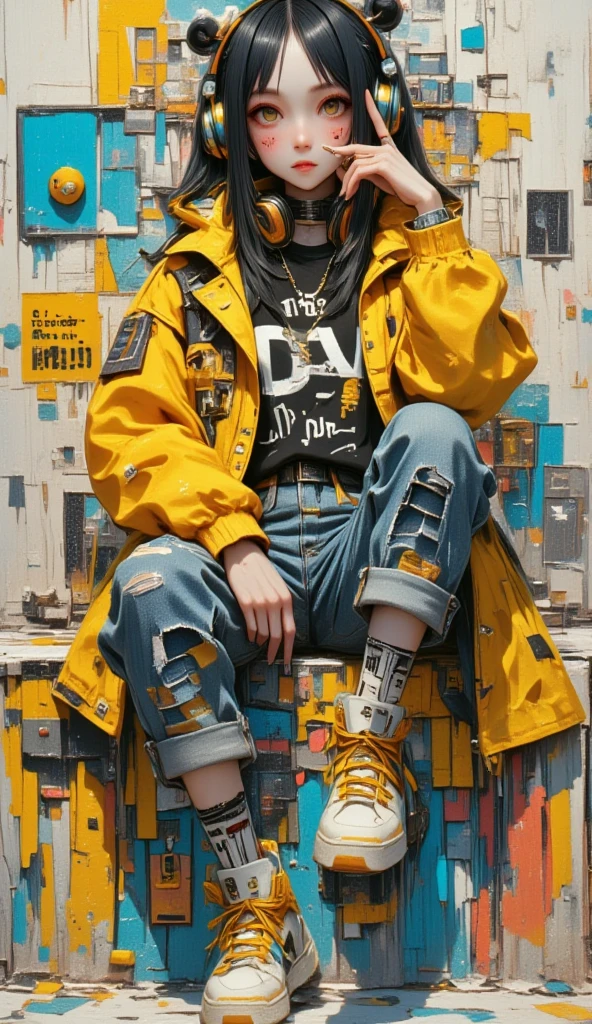  painting of a woman sitting on a wall smoking a cigarette ,  wearing headphones this one with her feet resting on the headphone Cross-footed edon,  sneakers ,  yellow coat jacket with geometric drawings ,  he falls on his shoulders ,  rolled-up jeans pants ,  the bottom of the wall is peeled with cyan colors ,  blue yellow and orange  , black sweatshirt with inscriptions , Look slightly down ,  with one hand on the cigarette ,  straight hair with a slit in the middle , Shiny hair,  cyberpunk art inspired by Yanjun Cheng ,  trend in artstation , street art,  artwork in the style of Guweiz , guweiz, Guweiz&#39;s masterpiece, Guweiz on ArtStation Pixiv, Cyberpunk streetwear, trending on cgstation, Guweiz on Pixiv Artstation, Style Ross Tran