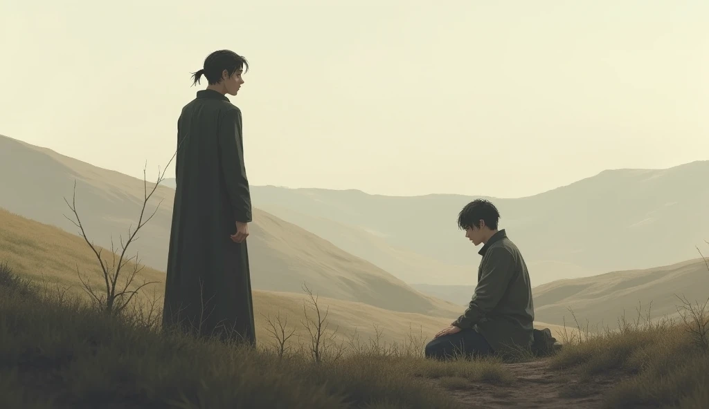 best quality, masterpiece, (realistic: 1.2), 1 man, Eren Jaeger, real life, live action, black jeans, black pants, brown hair, attack on Titan, cold thunder background, cold sand, blue sand, bluish environment, black jacket, slim body, high definition, high quality, black clothes, long hair