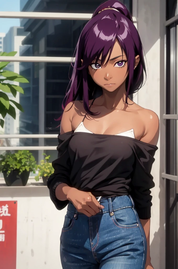 1 female, Yoichi Shiho-in , Black skin , Long dark purple hair,  ponytail, (( detail eyes off the shoulder:1.2)), Wear tank tops ,  sexy, Functional,  sleeveless,  Underbob , masterpiece,  best quality,  best quality,  Official Art, beautiful、And aesthetic :1.2),  Extremely Detailed,  colorful , HIGHEST DEFINITION 