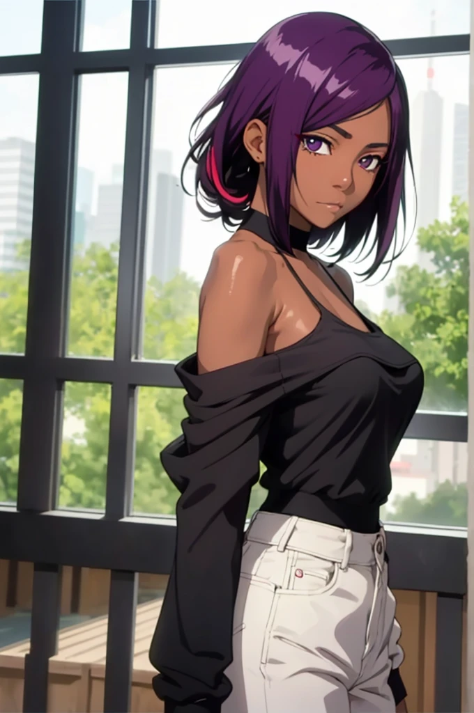 1 female, Yoichi Shiho-in , Black skin , Long dark purple hair,  ponytail, (( detail eyes off the shoulder:1.2)), Wear tank tops ,  sexy, Functional,  sleeveless,  Underbob , masterpiece,  best quality,  best quality,  Official Art, beautiful、And aesthetic :1.2),  Extremely Detailed,  colorful , HIGHEST DEFINITION 