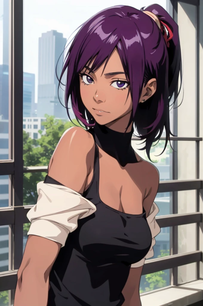 1 female, Yoichi Shiho-in , Black skin , Long dark purple hair,  ponytail, (( detail eyes off the shoulder:1.2)), Wear tank tops ,  sexy, Functional,  sleeveless,  Underbob , masterpiece,  best quality,  best quality,  Official Art, beautiful、And aesthetic :1.2),  Extremely Detailed,  colorful , HIGHEST DEFINITION 