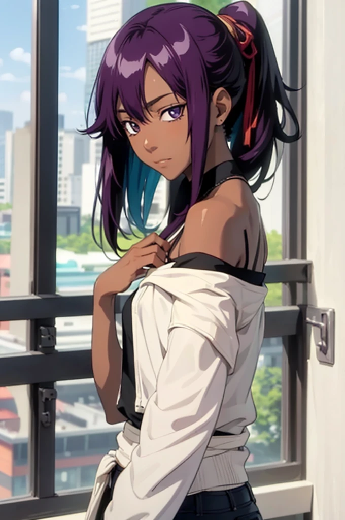 1 female, Yoichi Shiho-in , Black skin , Long dark purple hair,  ponytail, (( detail eyes off the shoulder:1.2)), Wear tank tops ,  sexy, Functional,  sleeveless,  Underbob , masterpiece,  best quality,  best quality,  Official Art, beautiful、And aesthetic :1.2),  Extremely Detailed,  colorful , HIGHEST DEFINITION 