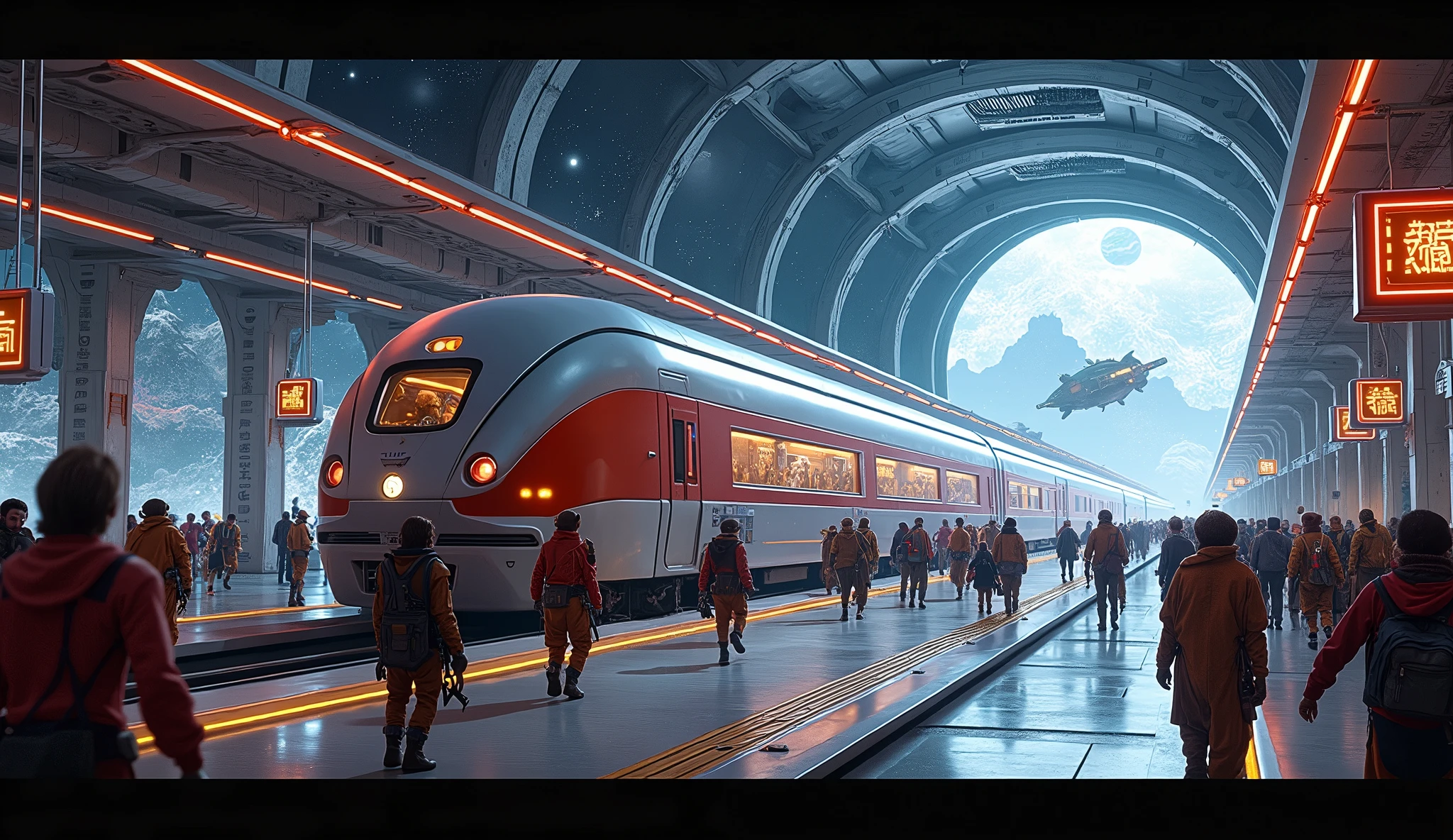 in Busy Train Station in future in space, retro future train, lot of  space people, space alien, bear, lion, fishman, frogman, train,