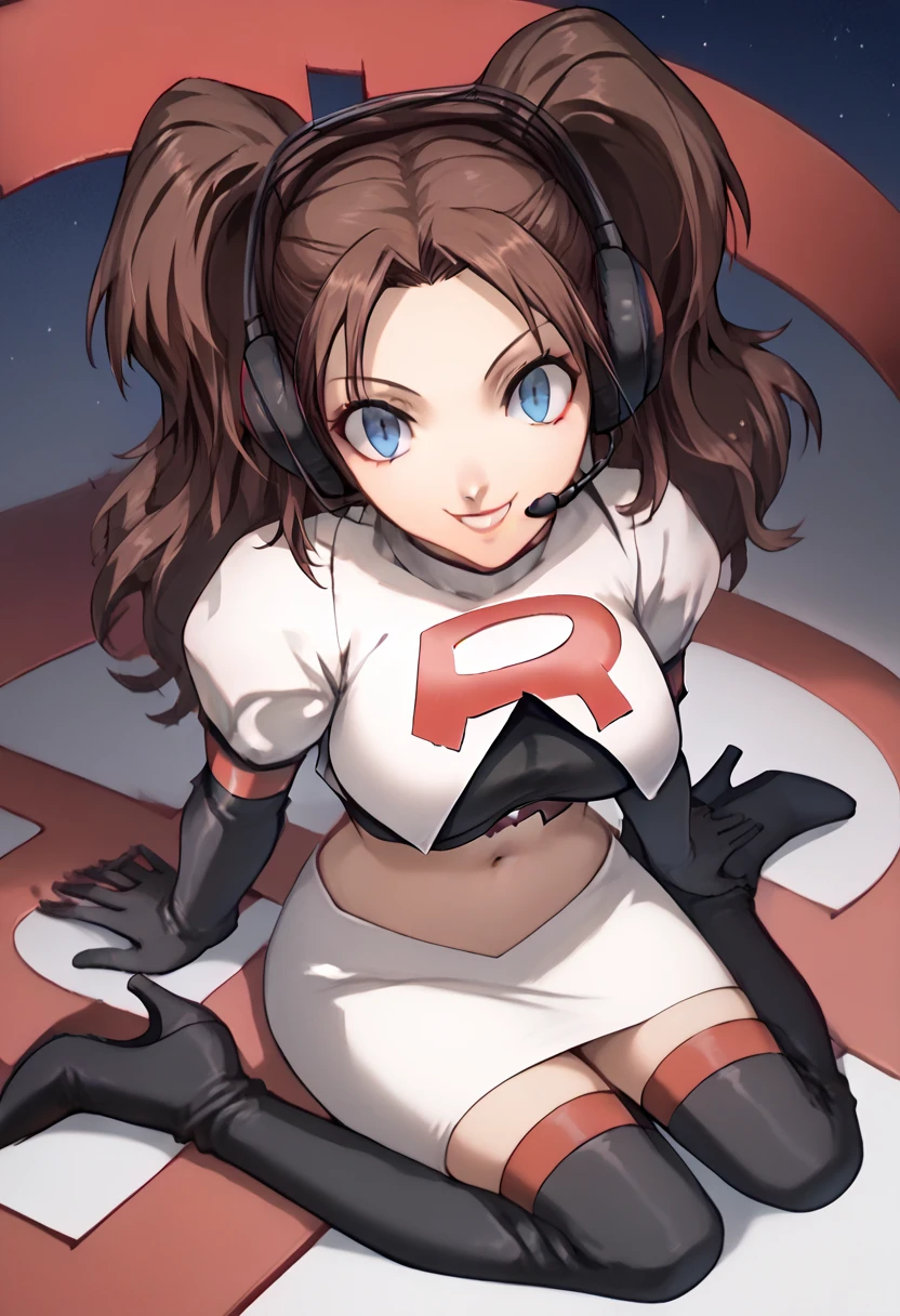 Team rocket, team rocket uniform, red letter R, white skirt,white crop top,black thigh-high boots, black elbow gloves, evil smile, night sky background, headset, large breasts, high-heeled boots, rise kujikawa, brown hair, twintails