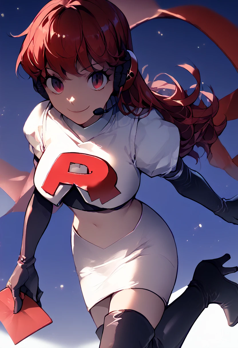 Team rocket, team rocket uniform, red letter R, white skirt,white crop top,black thigh-high boots, black elbow gloves, evil smile, night sky background, headset, large breasts, high-heeled boots, kasumi yoshizawa, red hair