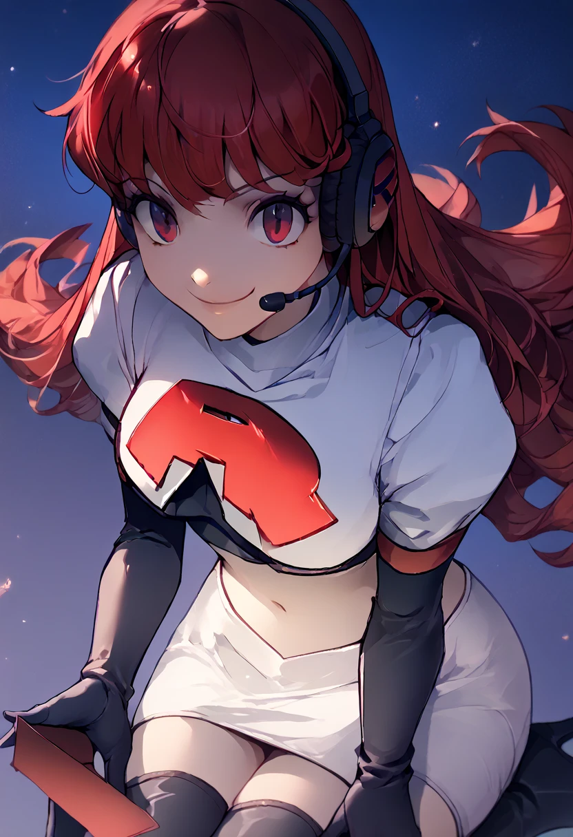 Team rocket, team rocket uniform, red letter R, white skirt,white crop top,black thigh-high boots, black elbow gloves, evil smile, night sky background, headset, large breasts, high-heeled boots, kasumi yoshizawa, red hair