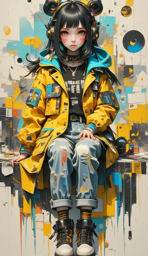  painting of a woman sitting on a wall smoking a cigarette ,  wearing headphones this one with her feet resting on the headphone Cross-footed edon,  sneakers ,  yellow coat jacket with geometric drawings ,  he falls on his shoulders ,  rolled-up jeans pants ,  the bottom of the wall is peeled with cyan colors ,  blue yellow and orange  , black sweatshirt with inscriptions , Look slightly down ,  with one hand on the cigarette ,  straight hair with a slit in the middle , Shiny hair,  cyberpunk art inspired by Yanjun Cheng ,  trend in artstation , street art,  artwork in the style of Guweiz , guweiz, Guweiz&#39;s masterpiece, Guweiz on ArtStation Pixiv, Cyberpunk streetwear, trending on cgstation, Guweiz on Pixiv Artstation, Style Ross Tran