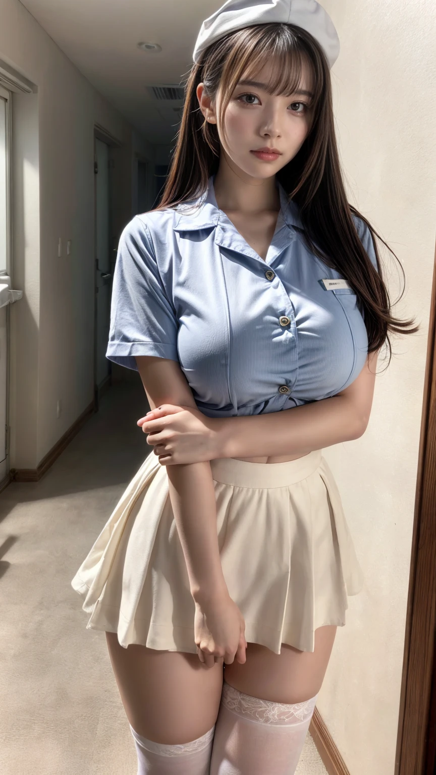 muste piece, best quality, illustration, Super detailed, fine details, High resolution, 8K,wall paper, perfect dynamic composition,(Details High quality, realistic depiction of eyes:1.3), Hospital Rooms、White nurse cap、White tights、White nurse uniform、to stand、Hand skirt、Flipping up a white skirt, large breasts,short bob hair, black hair color, Big Natural Color Lip, bold sexy pose, crying a little、cold gaze, Harajuku style、20 year old girl、cute type、lolita、beautiful legs, hposing Gravure Idol