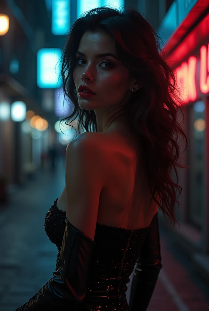 mesa, photorealistic, Best Quality, intricate and delicate, 8K Wallpaper, premium, masterpiece, realisitic, ultra detailed, 1 woman, Beautiful woman at 40 years old, slim figure, (((Front view))), (((look to camera))), dynamic lighting, volumetric lighting, Extra detailed face, by the wide, ((dress)), ((medium bust)), ((walking through the city)), ((night)), ((full body view)), Gal Gadot