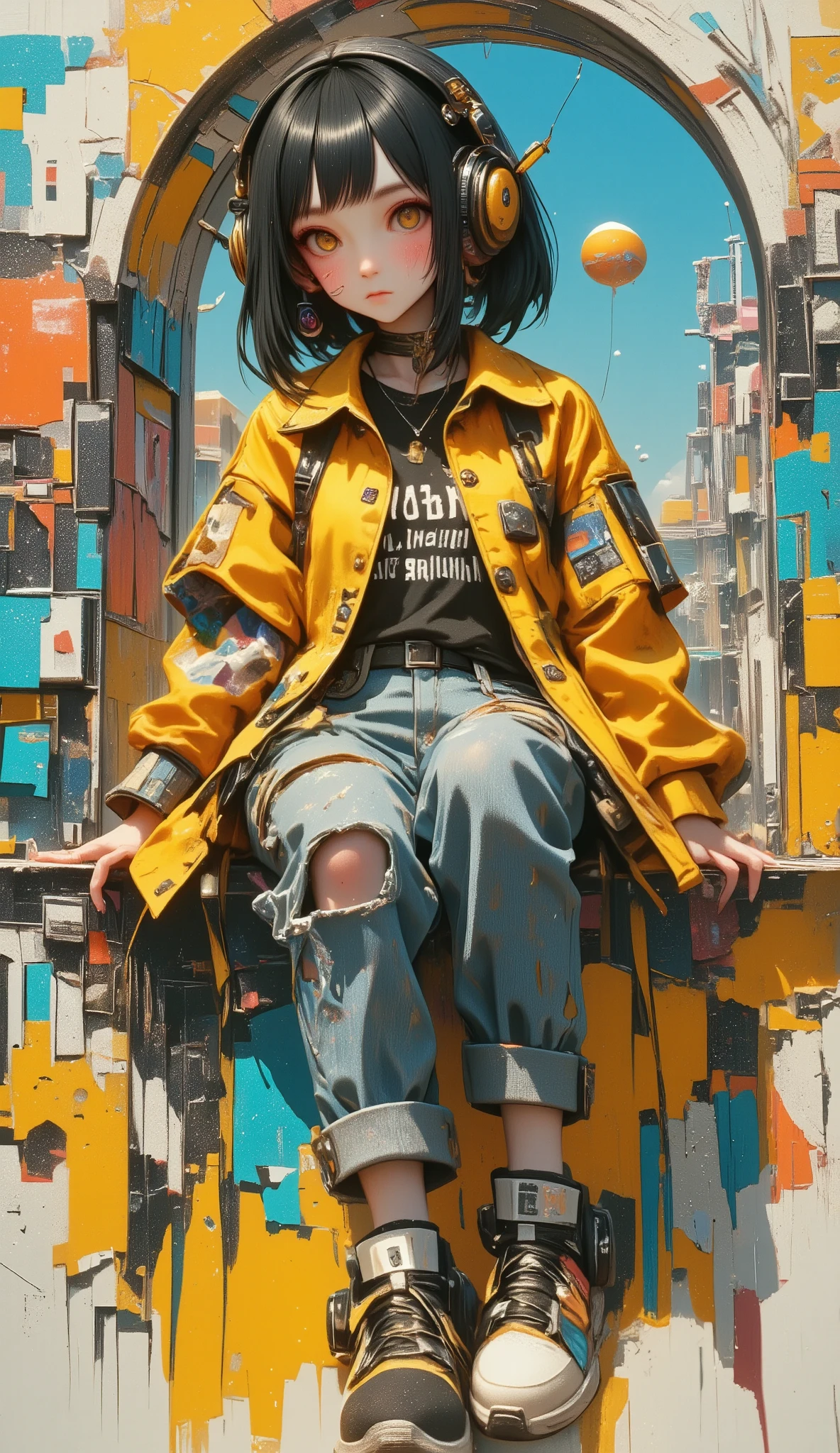  painting of a woman sitting on a wall smoking a cigarette ,  wearing headphones this one with her feet resting on the headphone Cross-footed edon,  sneakers ,  yellow coat jacket with geometric drawings ,  he falls on his shoulders ,  rolled-up jeans pants ,  the bottom of the wall is peeled with cyan colors ,  blue yellow and orange  , black sweatshirt with inscriptions , Look slightly down ,  with one hand on the cigarette ,  straight hair with a slit in the middle , Shiny hair,  cyberpunk art inspired by Yanjun Cheng ,  trend in artstation , street art,  artwork in the style of Guweiz , guweiz, Guweiz&#39;s masterpiece, Guweiz on ArtStation Pixiv, Cyberpunk streetwear, trending on cgstation, Guweiz on Pixiv Artstation, Style Ross Tran