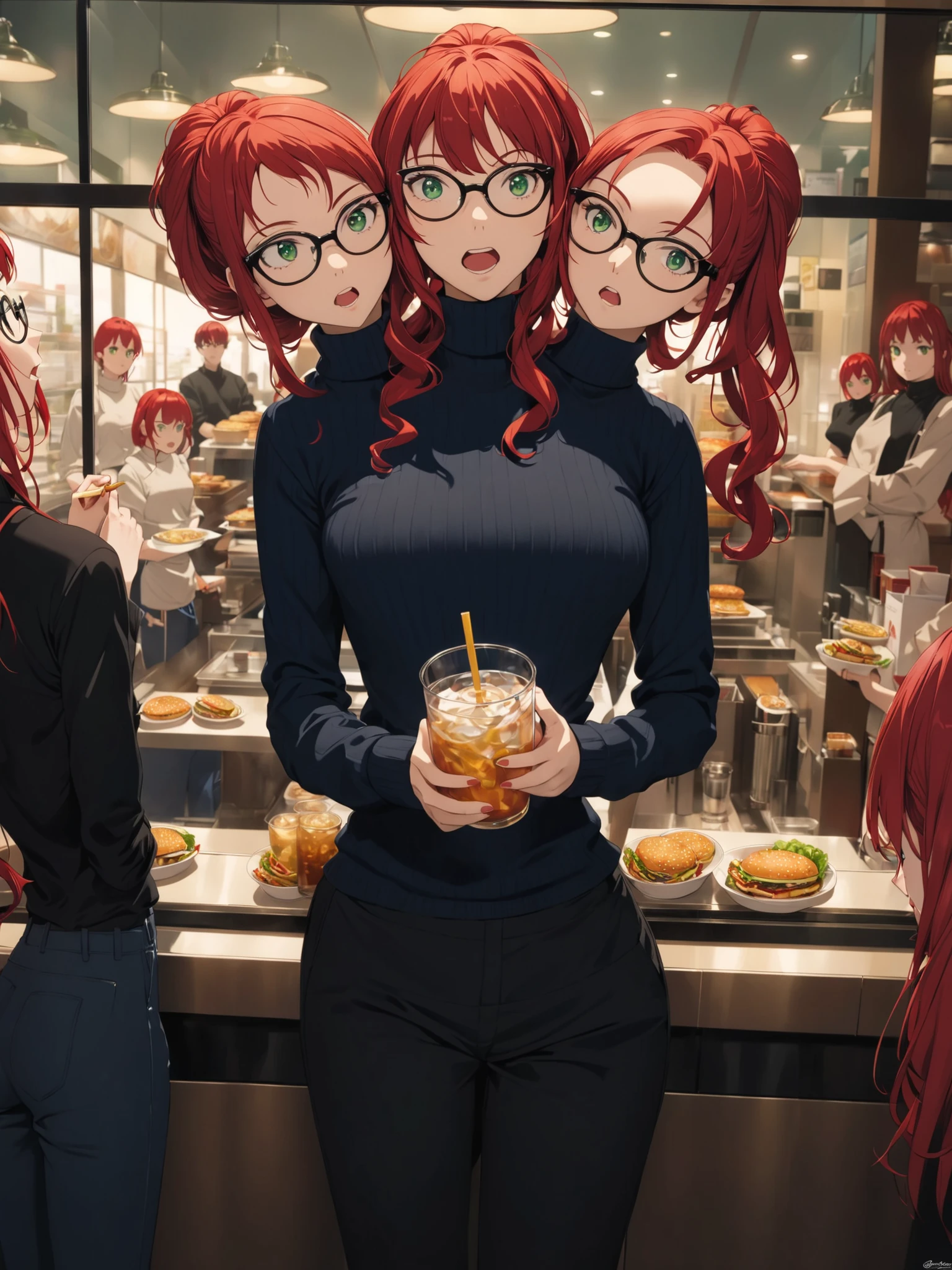 anime, (masterpiece, best quality), best resolution, three heads, conjoined, 1girl, red hair, green eyes, three pairs of glasses, open mouth, trying to decide what to order, thinking, contemplative, black turtleneck sweater, blue long pants, standing in line, fast-food restaurant, glass doorway in background