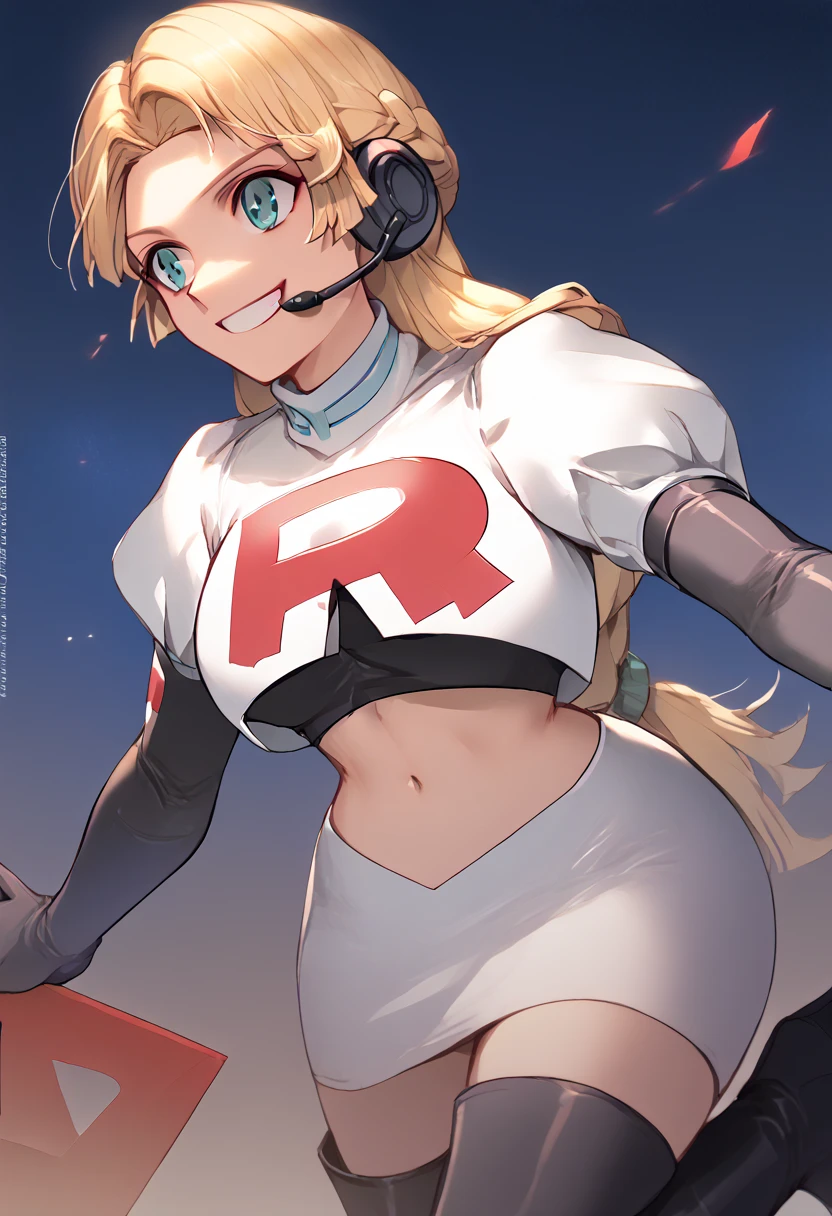 Team rocket, team rocket uniform, red letter R, white skirt,white crop top,black thigh-high boots, black elbow gloves, evil smile, night sky background, headset, large breasts, high-heeled boots, Ingrid Brandl Galatea, blond hair