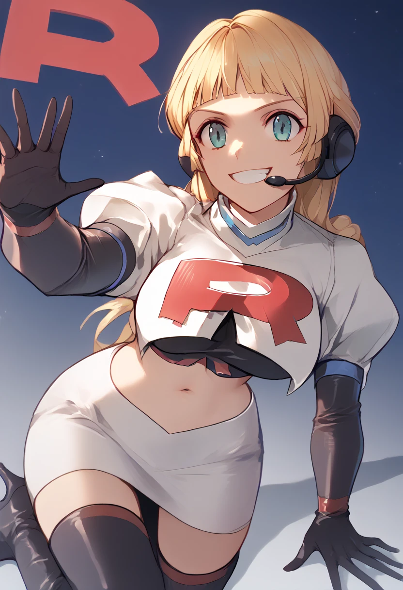 Team rocket, team rocket uniform, red letter R, white skirt,white crop top,black thigh-high boots, black elbow gloves, evil smile, night sky background, headset, large breasts, high-heeled boots, Ingrid Brandl Galatea, blond hair