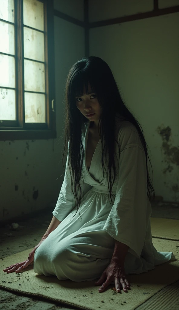16 K, hight resolution, masterpiece, Best Quality, finely detailed skin, Sharp Focus, (Cinematic lighting), Soft lighting, Dynamic Angle, 1girl in, (Yamamura_Sadako, female ghost, white skin, skinny body:1.3), Solo, (sheer white dress, long bangs:1.5, Black Long Hair, Hide the entire face with long bangs:1.75), (standing, Abandoned shabby house in Japan:1.35, Dark atmosphere:1.35), (Big Breast:1.1), full body shot,