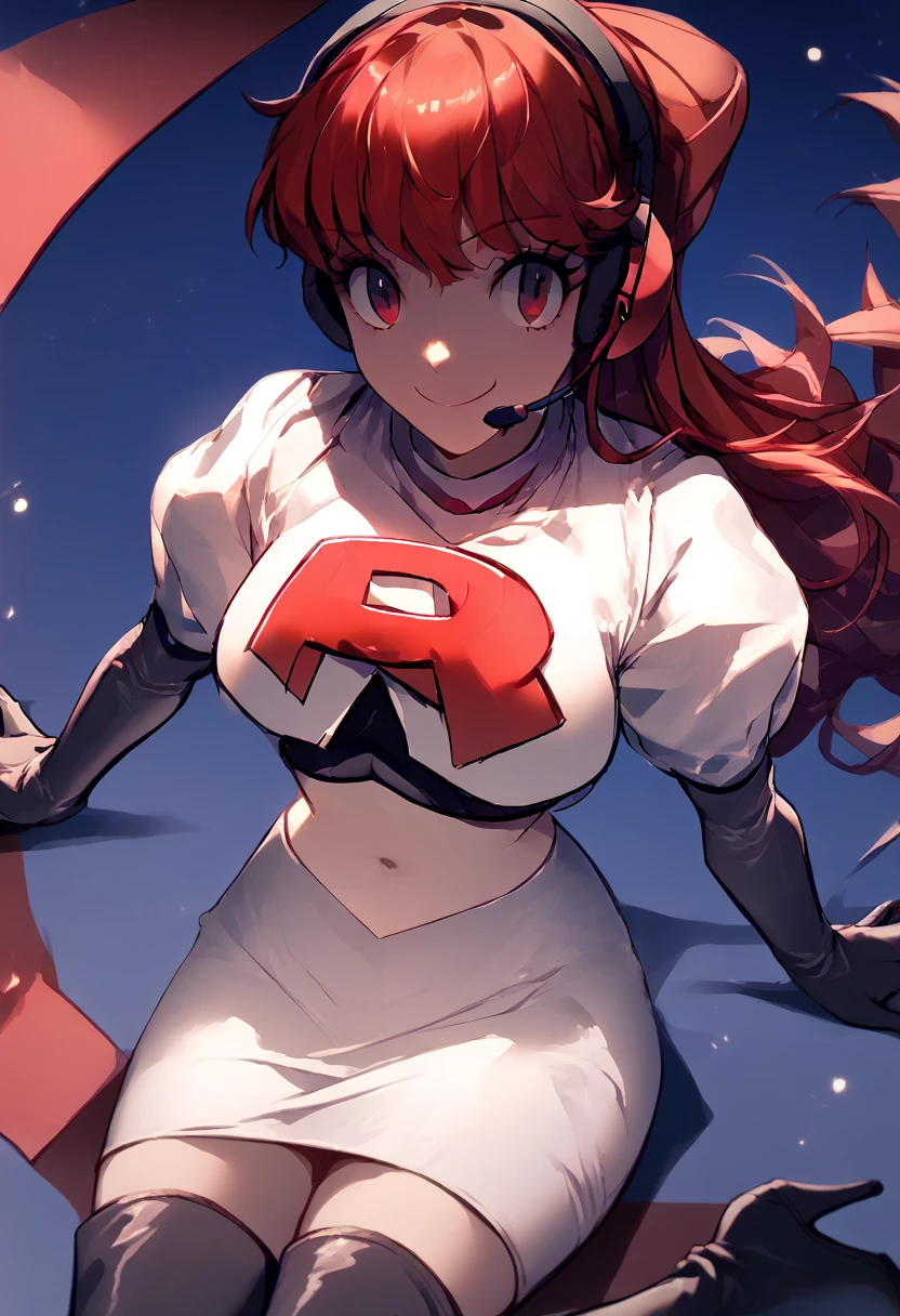 Team rocket, team rocket uniform, red letter R, white skirt,white crop top,black thigh-high boots, black elbow gloves, evil smile, night sky background, headset, large breasts, high-heeled boots, kasumi yoshizawa, red hair