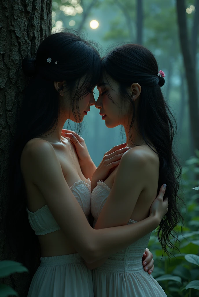 (2girls:1.5), Photorealistic, (close up:1.3, exposed face), wide angle, (seen from below), a japanese young woman completely naked touching their breasts hyperrealistic beautiful young girls with grayish blue eyes in glasses, natural sagging breast, high detailed official artwork, beautiful girls with slim fit body and busty posture, flowing messy hair, long legs, attractive young woman, (sitting with bending legs poses:1.3, crossed arm hold the breast up), freezing, at wet footpath in the (foggy jungle:1.2), natural background, rainny day, dubnitskiy david fanart, realistic portrait, smooth photorealistic, perfect visual of a cute girls, cute girls with skinice soft face, face focus, makoto shinkai and artgerm, photon mapping, natural light, warm color tones, vivid colors, cool ambient, foggy atmosphere