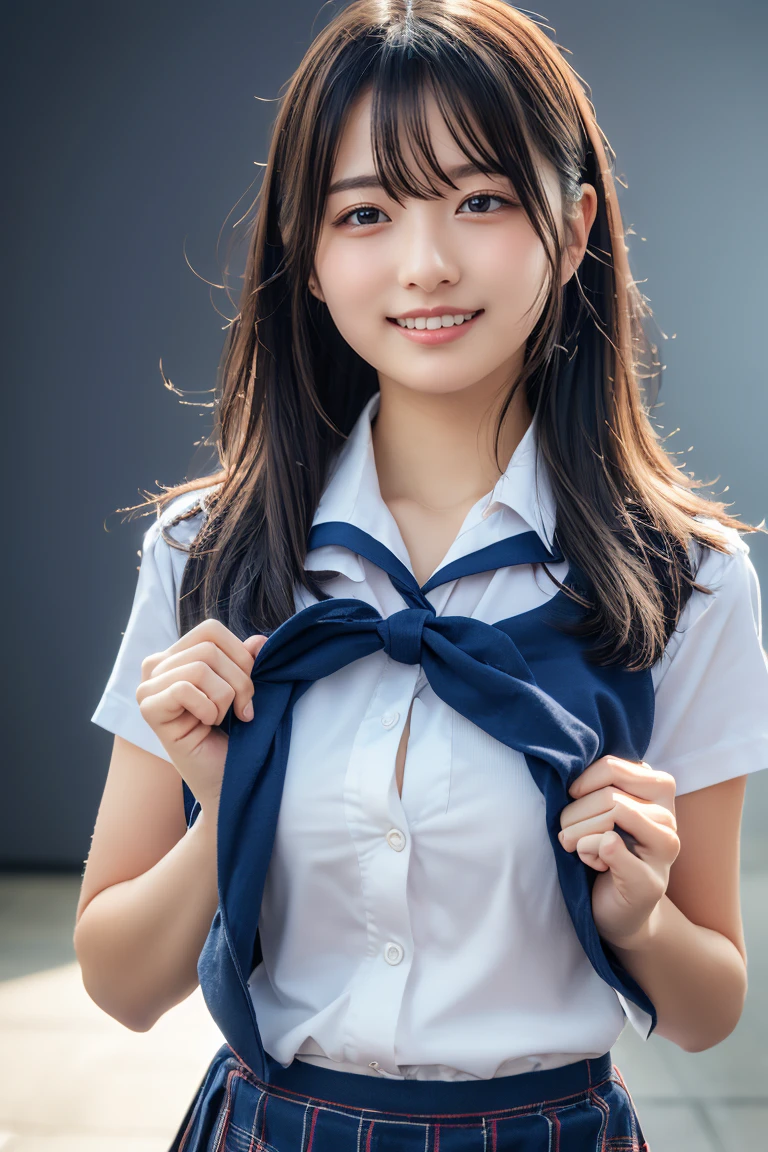 masutepiece, Best Quality, japanaese girl, 8K, top-notch quality, masutepiece, nffsw:1.2, exceptionally detailed RAW color photo, professional-grade photograph, (Realistic, Photorealistic:1.37), (highly detailedskin:1.2), Ultra-high resolution, (lenz 50mm), (masutepiece, top-quality:1.3), (Ultra detailed 8K cg:1.2), (hyper realisitic:1.35), (Photorealistic:1.45), (Realistic:1.4), Cowboy Shot, 1 beautiful Japanese girl, 22 years old, super model, Japanese Idol, __expression__, Large breasts, (Skirt in school uniform:1.4), (The background is inside the arcade:1.1)、huge areolas、(areolae slip)、puffy areolas、Young adorable Japan face、Portrait of female Japan idol、A Japanese Lady、messy hair style、Popular makeup in Japan、bare breasts、nude,nsfw、a smile、A dark-haired、Kamimei、Shoto Katto