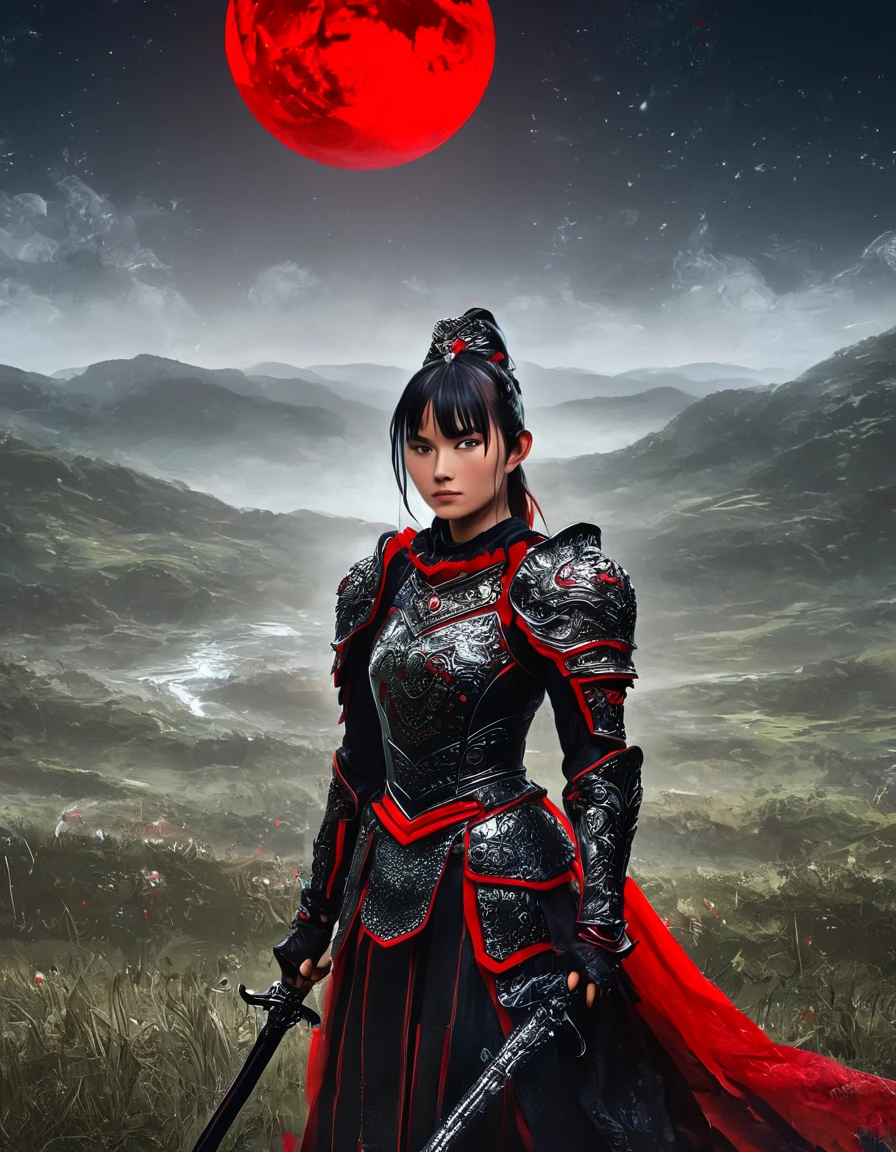 ( Fantasy Art ), ( portrait of a beautiful female knight, hkstyle, suzuka nakamoto xl), Night grassland background, (Red Moon,  black armor, Red accent, Fox pattern )