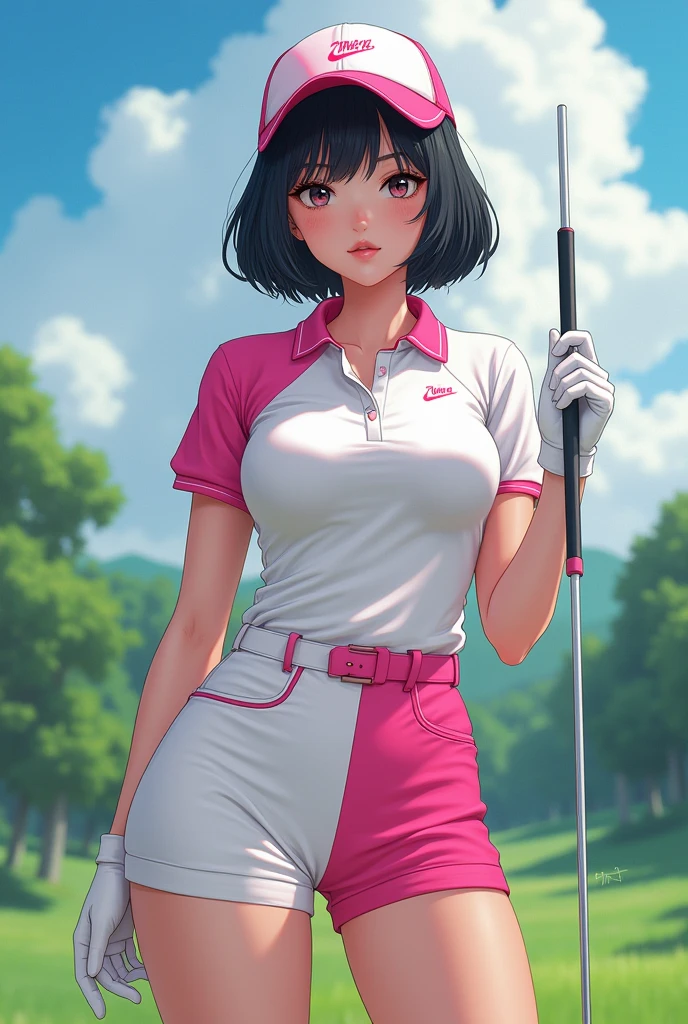 ((best qualtiy,Sony SLR lens,8K,hentail realism,Master masterpieces:1.3)),A tall and beautiful woman,Stand on the golf course lawn,The ultimate perfect body:1.4,D-cups,Slender Abs,Straight chest,Dark black hairstyle,Short hair, short hair, short hair,(((Pink tight-fitting top T-shirt))),White color suit pants,,((There are no postural movements))),Stand straight,Highly Detailed Face and Skin Textur,Detailed eyes,double eyelid,With a smile on your face
