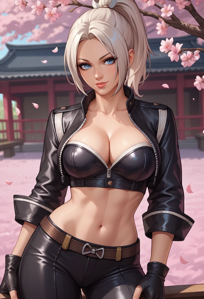 score_9_up, score_8_up, score_7_up,score_6_up, score_5_up, score_4_up , 1girl, solo, AngelDG, blue eyes, white hair, short hair, crop top, chaps, cowboy boots, gloves, panties, strapless bra, black jacket, black gloves, fingerless gloves, open jacket, cropped jacket, MaiCOTW, brown hair, high ponytail, large breasts, cleavage, leather jacket, black gloves, unzipped, long sleeves, midriff, leather pants, flirting, cowboy shot, cherry blossom background