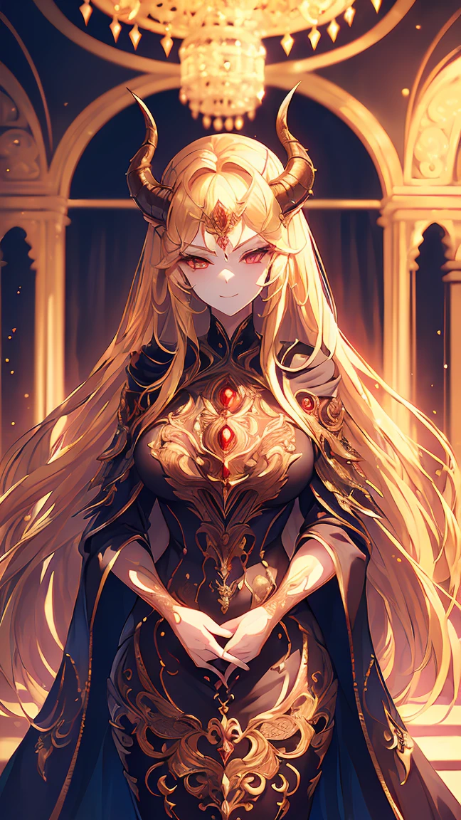 (((Best quality, 8k, Masterpiece: 1.3)), ((best quality)), ((masterpiece)), (detailed), perfect face, perfect body, (detailed skin:1.3), (intricate details), blonde hair, expressive hair, messy hair, demon horns, dragon horns, raised eyebrows, evil smile, demon queen, royal, inferno,  jewel ring, Hair accessories, Baroque palace, Cloak, glaring, condescending gaze, Standing with her legs apart