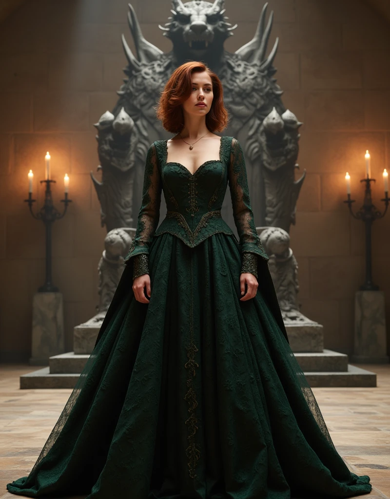 Helen Bonham Carter, portraying the menacing Bellatrix Lestrange, is prominently featured in this image with her signature bright red hair cascading down her shoulders in a wild, untamed manner. Her intense gaze is fixed on an unseen target as she wields her magic wand with an unyielding grasp, ready to unleash a deadly spell. The wand's tip glows ominously, casting an eerie aura around Bellatrix. The background is a blur of monochromatic shadows, focusing the viewer's attention solely on this enchanting yet terrifying character. The image is masterfully crafted, capturing every detail of Helen Bonham Carter