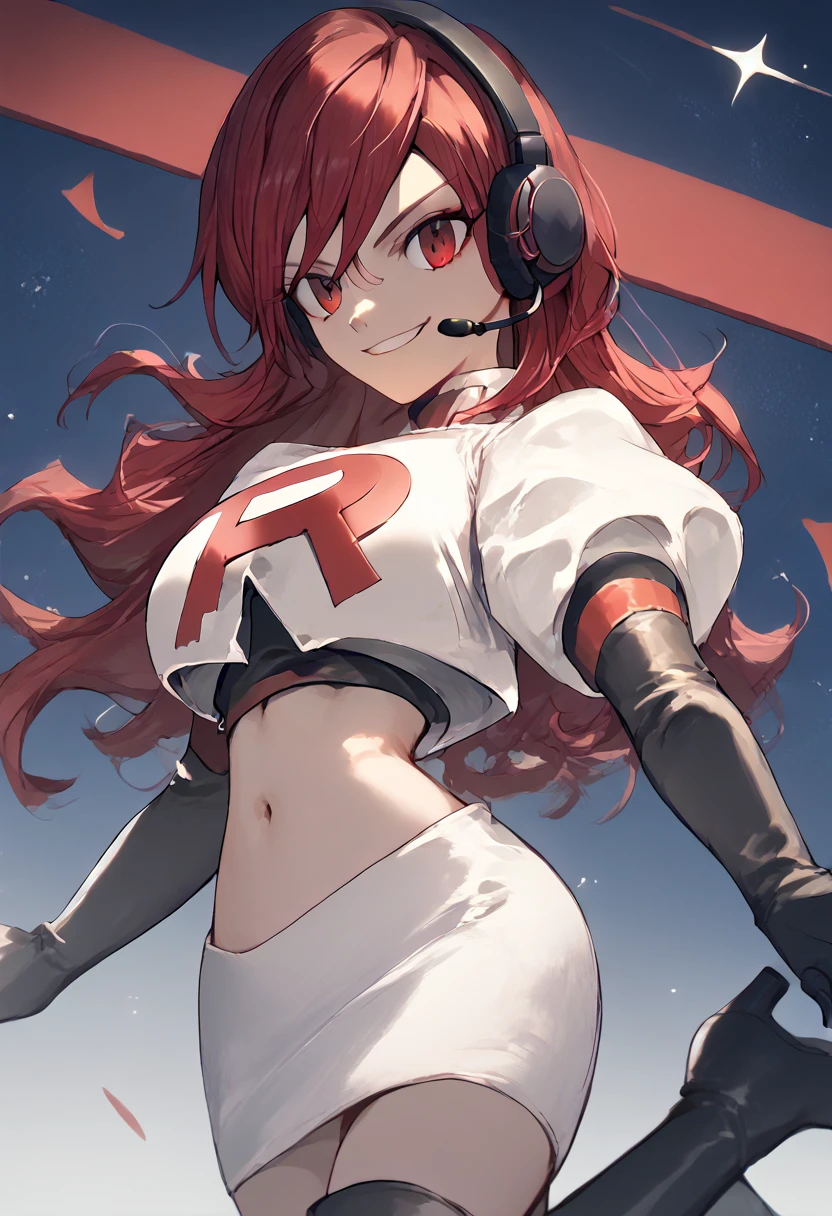 Team rocket, team rocket uniform, red letter R, white skirt,white crop top,black thigh-high boots, black elbow gloves, evil smile, night sky background, headset, large breasts, high-heeled boots, Mitsuru Kirijo, red hair